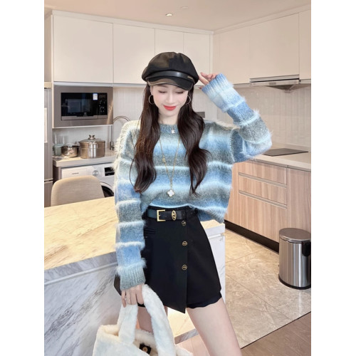 漸變撞色條紋短款毛衣女秋冬季2023新款套頭寬松慵懶風針織衫上衣 漸變撞色條紋短款毛衣女秋冬季2023新款套頭寬松慵懶風針織衫上衣