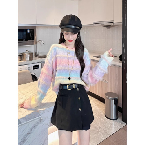 漸變撞色條紋短款毛衣女秋冬季2023新款套頭寬松慵懶風針織衫上衣 漸變撞色條紋短款毛衣女秋冬季2023新款套頭寬松慵懶風針織衫上衣