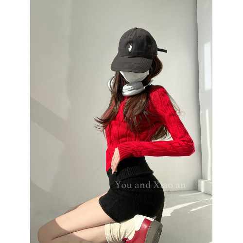 熱辣少女~半高領針織麻花毛衣女秋冬修身顯瘦長袖針織衫短款上衣 熱辣少女~半高領針織麻花毛衣女秋冬修身顯瘦長袖針織衫短款上衣