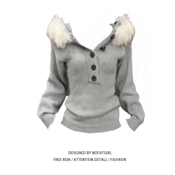 大碼胖MM灰色亨利領毛衣女秋冬可拆卸毛領連帽針織衫收腰顯瘦上衣