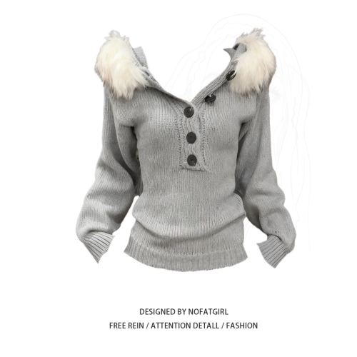 大碼胖MM灰色亨利領毛衣女秋冬可拆卸毛領連帽針織衫收腰顯瘦上衣 大碼胖MM灰色亨利領毛衣女秋冬可拆卸毛領連帽針織衫收腰顯瘦上衣