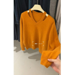 軟糯橘色毛衣女秋冬設計感露肩時尚溫柔風掛脖氣質套頭針織衫上衣