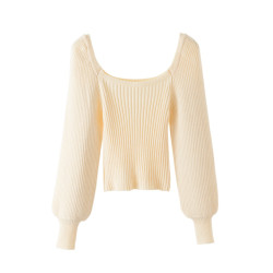 韓國chic秋冬復古設計感小衆方領泡泡袖針織衫上衣慵懶長袖毛衣女