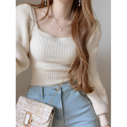 韓國chic秋冬復古設計感小衆方領泡泡袖針織衫上衣慵懶長袖毛衣女 韓國chic秋冬復古設計感小衆方領泡泡袖針織衫上衣慵懶長袖毛衣女