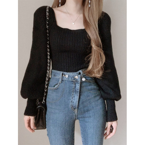 韓國chic秋冬復古設計感小衆方領泡泡袖針織衫上衣慵懶長袖毛衣女 韓國chic秋冬復古設計感小衆方領泡泡袖針織衫上衣慵懶長袖毛衣女