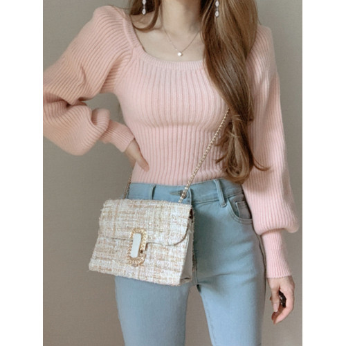 韓國chic秋冬復古設計感小衆方領泡泡袖針織衫上衣慵懶長袖毛衣女 韓國chic秋冬復古設計感小衆方領泡泡袖針織衫上衣慵懶長袖毛衣女