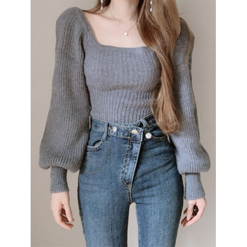 韓國chic秋冬復古設計感小衆方領泡泡袖針織衫上衣慵懶長袖毛衣女 韓國chic秋冬復古設計感小衆方領泡泡袖針織衫上衣慵懶長袖毛衣女