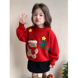 女小童聖誕加厚毛衣冬季女寶寶保暖針織上衣冬裝小女孩紅色打底衫