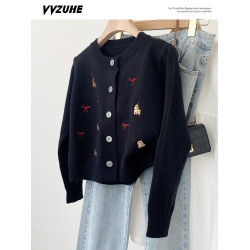 韓系小狗刺綉針織開衫長袖短外套女2025年冬季新款流行修身潮上衣