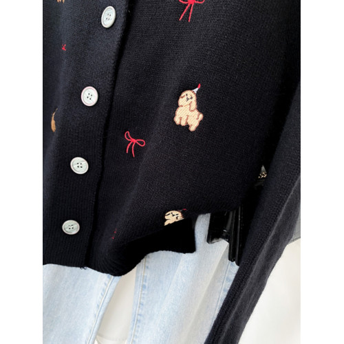 韓系小狗刺綉針織開衫長袖短外套女2025年冬季新款流行修身潮上衣 韓系小狗刺綉針織開衫長袖短外套女2025年冬季新款流行修身潮上衣