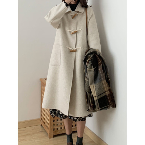 紅色雙面羊絨大衣2025秋冬季新款小個子牛角釦毛呢子外套韓系氣質