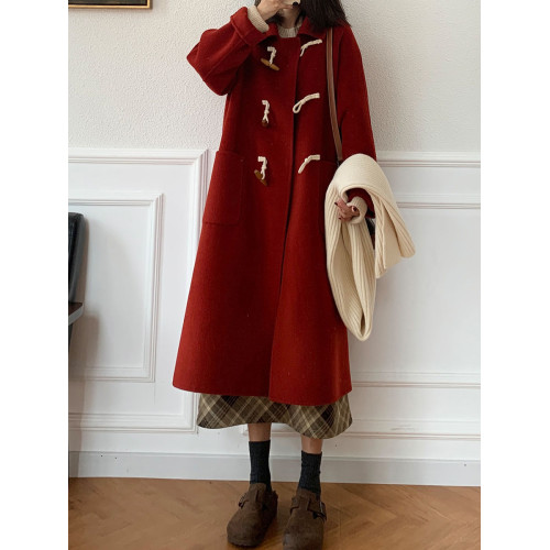 紅色雙面羊絨大衣2025秋冬季新款小個子牛角釦毛呢子外套韓系氣質