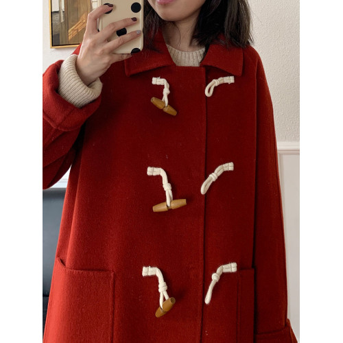 紅色雙面羊絨大衣2025秋冬季新款小個子牛角釦毛呢子外套韓系氣質
