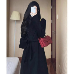 高級感獨特超好看黑色西裝毛呢外套中長款氣質呢子大衣女春季新款