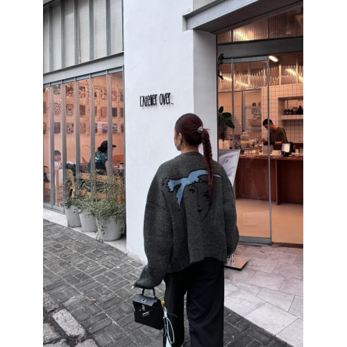 PlaceOrder 復古油畫和平鴿開衫毛衣女秋冬寬松休閒長袖針織上衣 PlaceOrder 復古油畫和平鴿開衫毛衣女秋冬寬松休閒長袖針織上衣