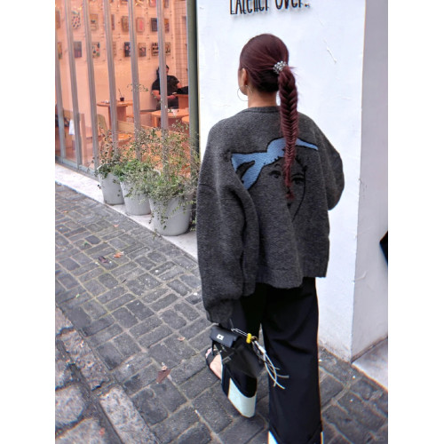 PlaceOrder 復古油畫和平鴿開衫毛衣女秋冬寬松休閒長袖針織上衣 PlaceOrder 復古油畫和平鴿開衫毛衣女秋冬寬松休閒長袖針織上衣