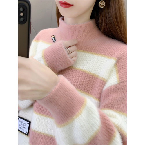 半高領條紋毛衣女秋冬加絨加厚打底衫高初中學生短款保暖針織上衣 半高領條紋毛衣女秋冬加絨加厚打底衫高初中學生短款保暖針織上衣