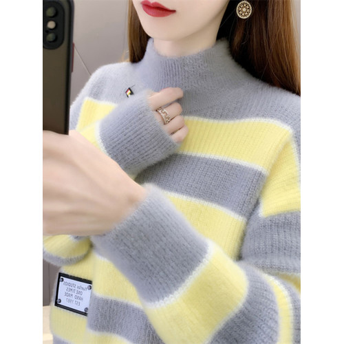 半高領條紋毛衣女秋冬加絨加厚打底衫高初中學生短款保暖針織上衣 半高領條紋毛衣女秋冬加絨加厚打底衫高初中學生短款保暖針織上衣