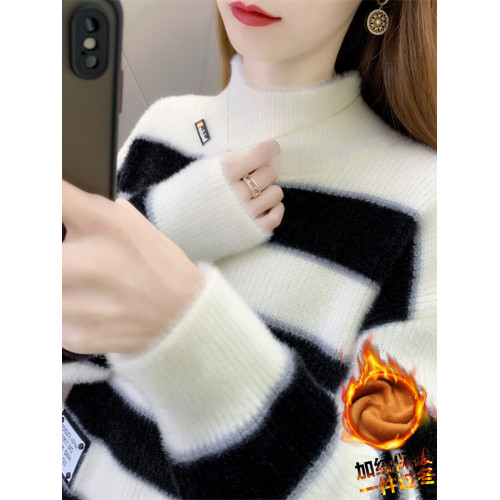半高領條紋毛衣女秋冬加絨加厚打底衫高初中學生短款保暖針織上衣 半高領條紋毛衣女秋冬加絨加厚打底衫高初中學生短款保暖針織上衣