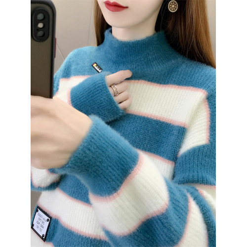 半高領條紋毛衣女秋冬加絨加厚打底衫高初中學生短款保暖針織上衣 半高領條紋毛衣女秋冬加絨加厚打底衫高初中學生短款保暖針織上衣