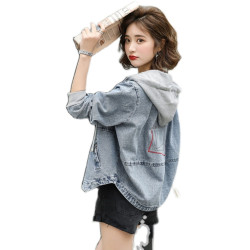 春秋短款牛仔外套女2025新款減齡連帽拼接寬松休閒百搭小個子上衣