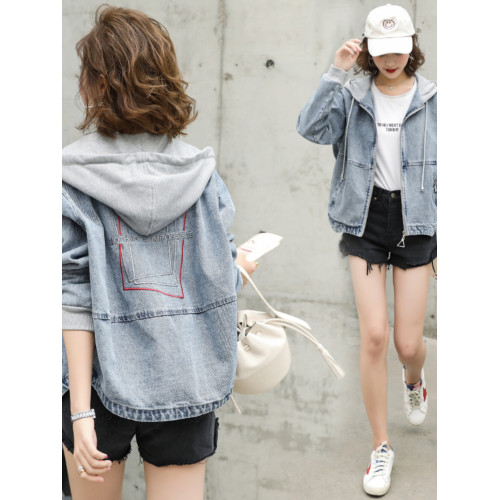 春秋短款牛仔外套女2025新款減齡連帽拼接寬松休閒百搭小個子上衣