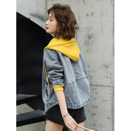 春秋短款牛仔外套女2025新款減齡連帽拼接寬松休閒百搭小個子上衣