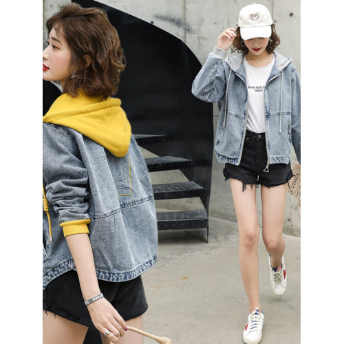 春秋短款牛仔外套女2025新款減齡連帽拼接寬松休閒百搭小個子上衣