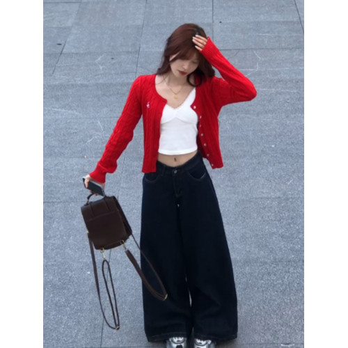 小個子紅色短款麻花毛衣開衫女2025早秋季新款學院風針織外套上衣 小個子紅色短款麻花毛衣開衫女2025早秋季新款學院風針織外套上衣