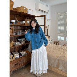 PPHOME復古寬松毛衣外套蕾絲內搭上衣女秋季三件套白色拼接半身裙