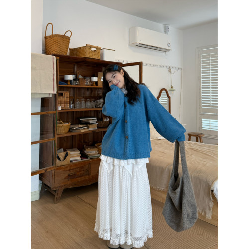 PPHOME復古寬松毛衣外套蕾絲內搭上衣女秋季三件套白色拼接半身裙 PPHOME復古寬松毛衣外套蕾絲內搭上衣女秋季三件套白色拼接半身裙