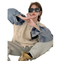 慵懶風愛心牛仔拼接毛衣女春秋冬小衆設計感破洞寬松針織衫上衣服