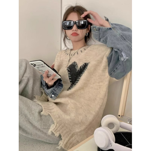 慵懶風愛心牛仔拼接毛衣女春秋冬小衆設計感破洞寬松針織衫上衣服 慵懶風愛心牛仔拼接毛衣女春秋冬小衆設計感破洞寬松針織衫上衣服