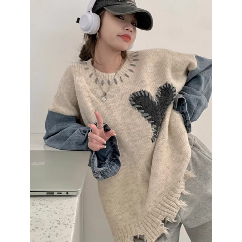 慵懶風愛心牛仔拼接毛衣女春秋冬小衆設計感破洞寬松針織衫上衣服 慵懶風愛心牛仔拼接毛衣女春秋冬小衆設計感破洞寬松針織衫上衣服