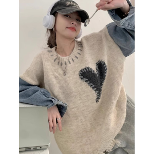 慵懶風愛心牛仔拼接毛衣女春秋冬小衆設計感破洞寬松針織衫上衣服 慵懶風愛心牛仔拼接毛衣女春秋冬小衆設計感破洞寬松針織衫上衣服