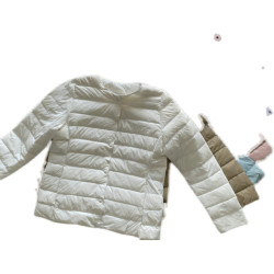 白鴨絨圓領純色短款保暖簡約可變V領收納袋輕型羽絨服內膽女