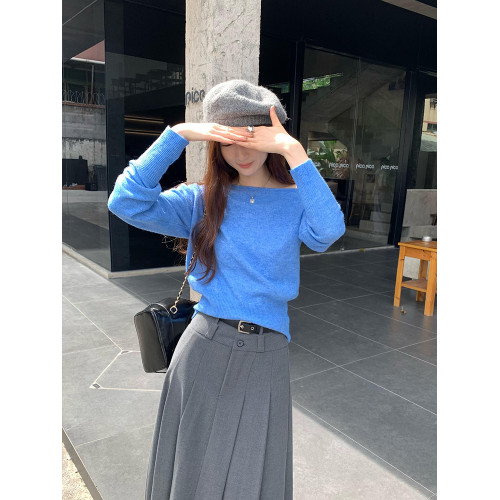 高級感粉色一字肩斜肩灰色針織打底衫毛衣女冬新款長袖露肩小上衣 高級感粉色一字肩斜肩灰色針織打底衫毛衣女冬新款長袖露肩小上衣