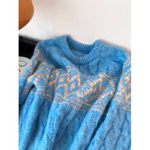 秋冬加厚藍色寬松麻花毛衣慵懶高級感女顯瘦菱形毛針織衫長袖韓版 秋冬加厚藍色寬松麻花毛衣慵懶高級感女顯瘦菱形毛針織衫長袖韓版