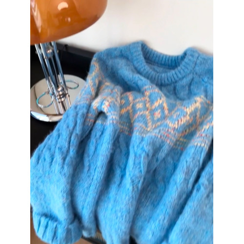 秋冬加厚藍色寬松麻花毛衣慵懶高級感女顯瘦菱形毛針織衫長袖韓版 秋冬加厚藍色寬松麻花毛衣慵懶高級感女顯瘦菱形毛針織衫長袖韓版