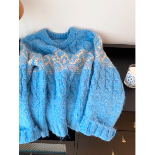 秋冬加厚藍色寬松麻花毛衣慵懶高級感女顯瘦菱形毛針織衫長袖韓版 秋冬加厚藍色寬松麻花毛衣慵懶高級感女顯瘦菱形毛針織衫長袖韓版