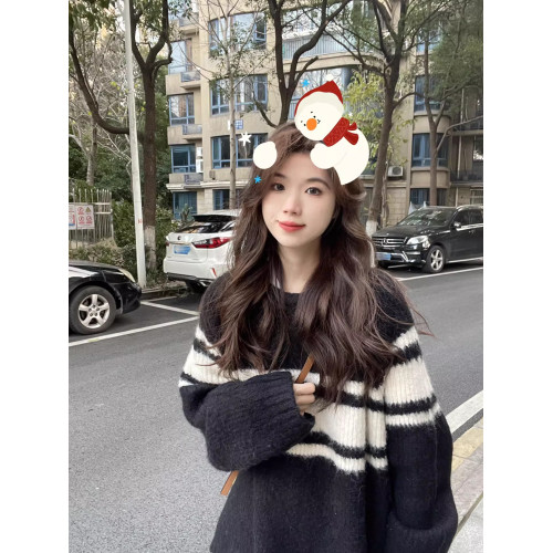 韓系高級感毛衣女加厚慵懶2025新款秋冬圓領寬松條紋撞色外套上衣 韓系高級感毛衣女加厚慵懶2025新款秋冬圓領寬松條紋撞色外套上衣