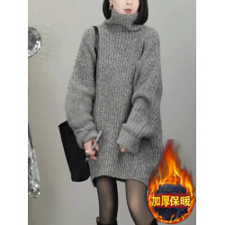 歐貨高級感大碼灰色高領毛衣女慵懶風秋冬新款百搭顯瘦中長連衣裙