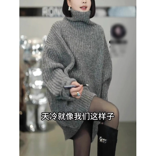 歐貨高級感大碼灰色高領毛衣女慵懶風秋冬新款百搭顯瘦中長連衣裙 歐貨高級感大碼灰色高領毛衣女慵懶風秋冬新款百搭顯瘦中長連衣裙