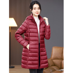 輕薄羽絨服女中長款2025新款中年媽媽大碼休閒連帽白鴨絨羽絨外套