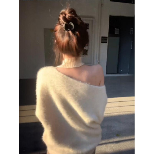 韓系氛圍感露肩套頭毛衣女冬季新款設計感飄帶顯瘦水貂絨白色上衣 韓系氛圍感露肩套頭毛衣女冬季新款設計感飄帶顯瘦水貂絨白色上衣