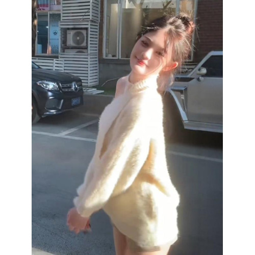 韓系氛圍感露肩套頭毛衣女冬季新款設計感飄帶顯瘦水貂絨白色上衣 韓系氛圍感露肩套頭毛衣女冬季新款設計感飄帶顯瘦水貂絨白色上衣