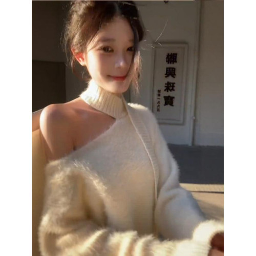 韓系氛圍感露肩套頭毛衣女冬季新款設計感飄帶顯瘦水貂絨白色上衣 韓系氛圍感露肩套頭毛衣女冬季新款設計感飄帶顯瘦水貂絨白色上衣