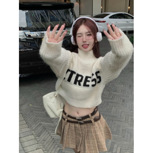 純欲甜辣妹性感短款上衣女秋季設計感小衆高領針織衫毛衣外套上衣 純欲甜辣妹性感短款上衣女秋季設計感小衆高領針織衫毛衣外套上衣