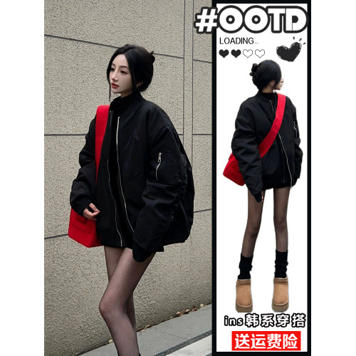 美式黑色棒球服外套女冬季加厚棉衣2025春秋新爆款寬松夾克飛行服 美式黑色棒球服外套女冬季加厚棉衣2025春秋新爆款寬松夾克飛行服