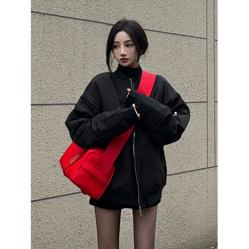 美式黑色棒球服外套女冬季加厚棉衣2025春秋新爆款寬松夾克飛行服 美式黑色棒球服外套女冬季加厚棉衣2025春秋新爆款寬松夾克飛行服